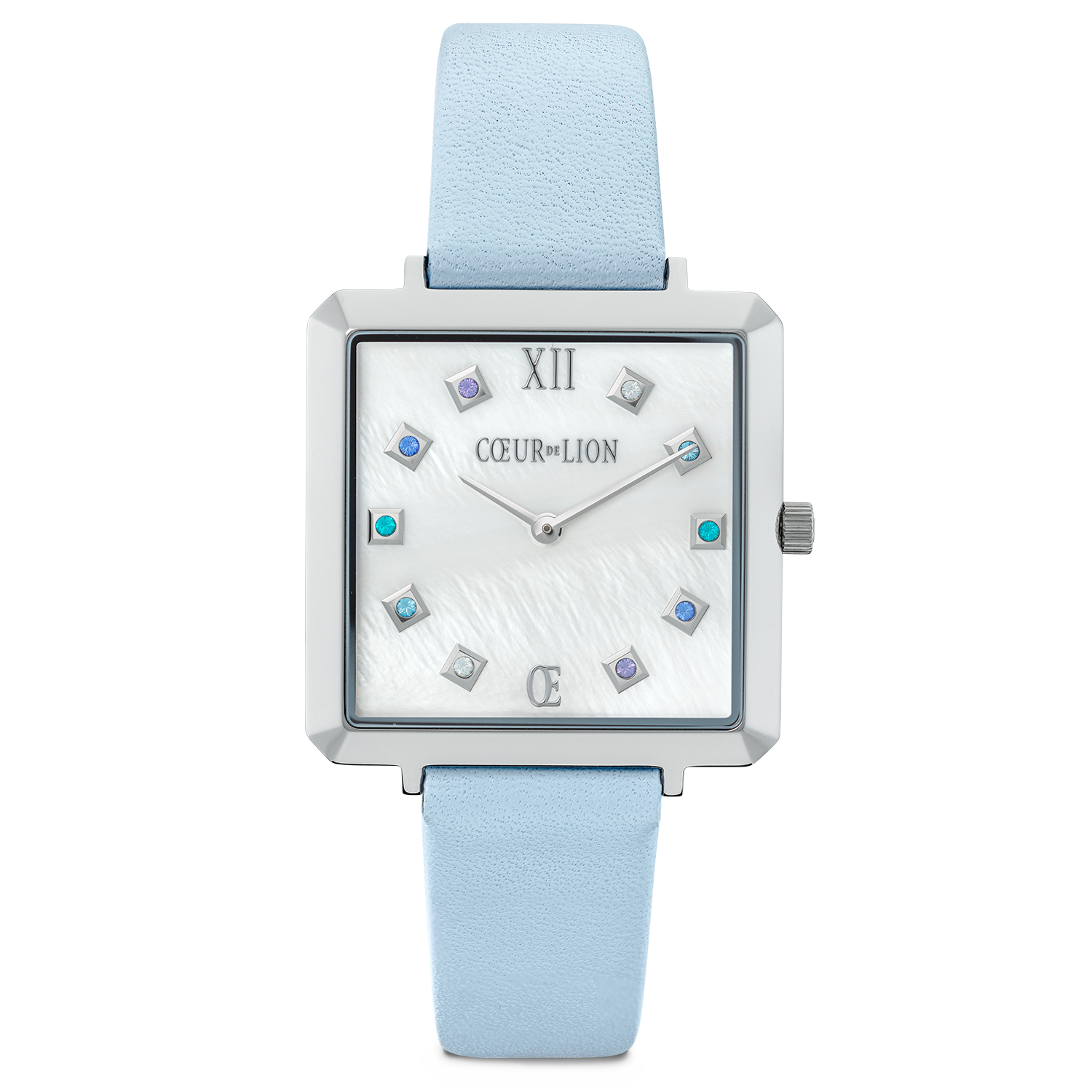Watch Iconic Square Mother-of-Pearl Silver Bracelet Leather Cool Blue