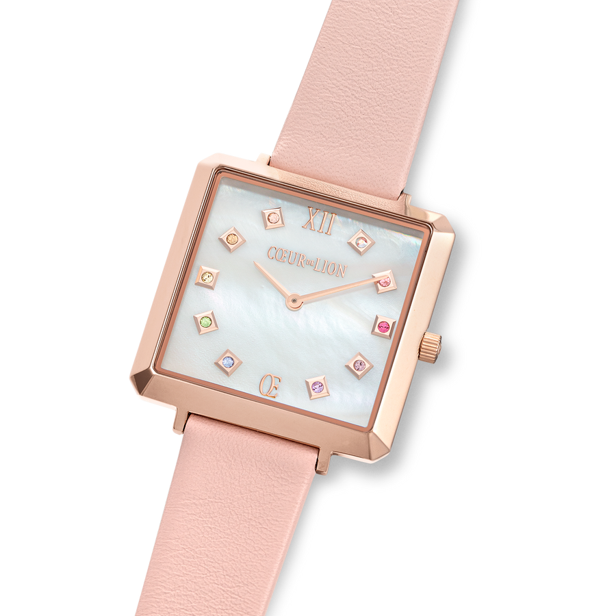 Watch Iconic Square Mother-of-Pearl Rose Gold Bracelet Leather Romantic Pink