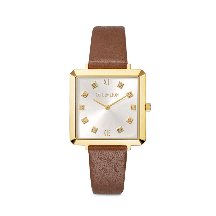 Watch Iconic Square Gold White Sunray Bracelet Leather Classy Brown