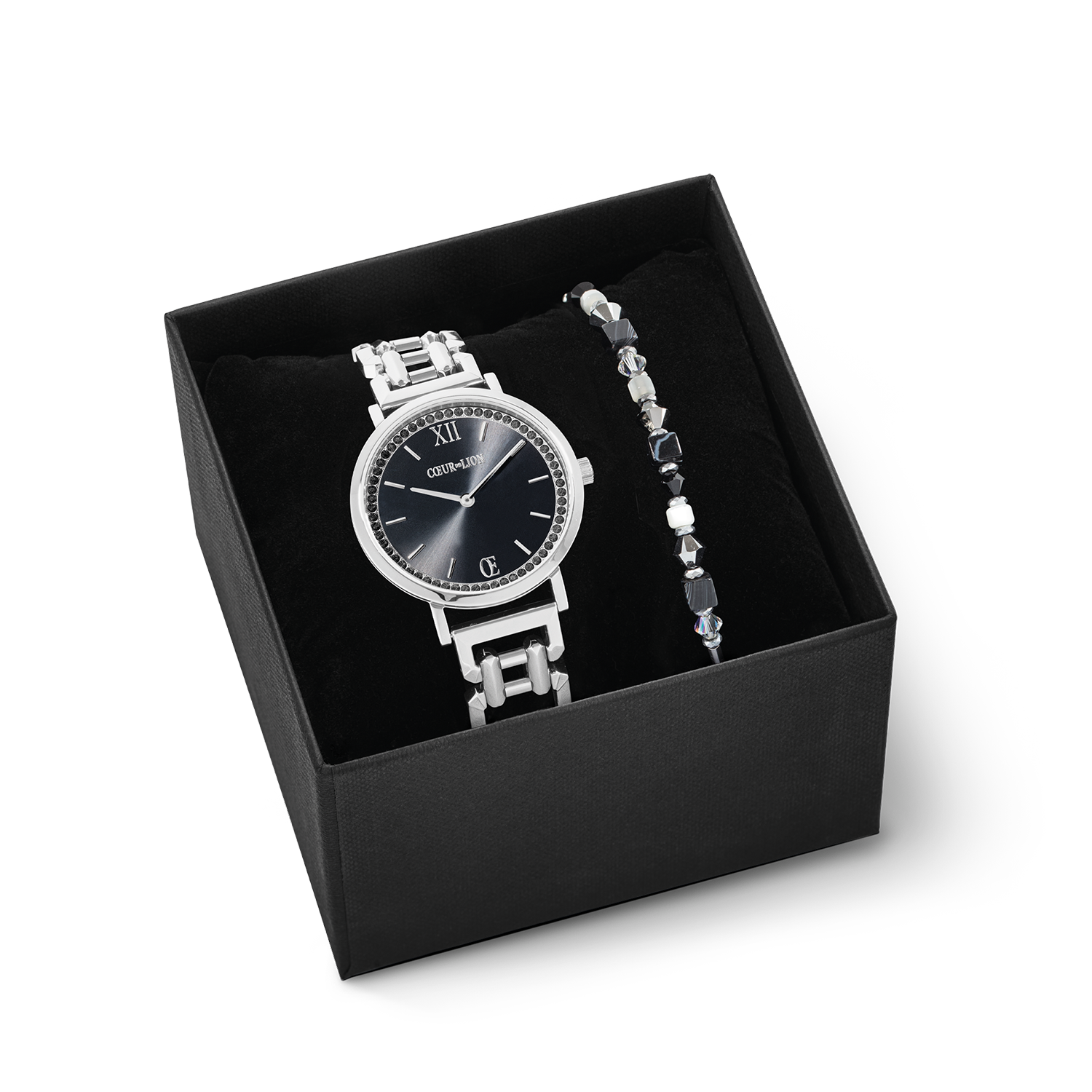 Gift Set Watch Round Sparkling Mysterious Black silver & Princess Shape Mix bracelet black-white