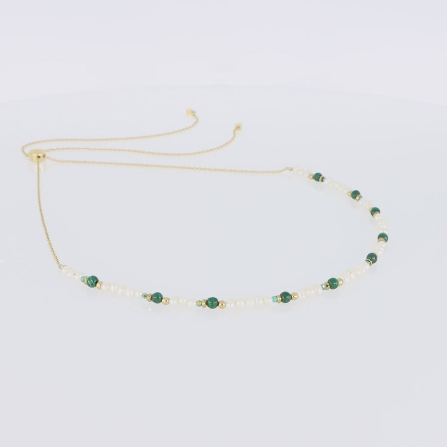 Harmony necklace freshwater pearls malachite & gold